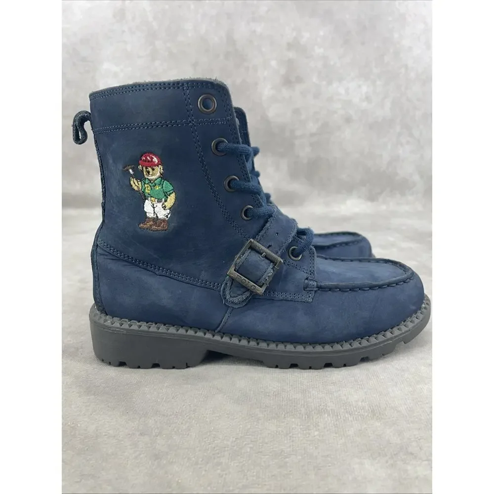Polo Ralph Lauren Boys Size 2.5 Navy Leather Polo Mallet Bear Ranger Hi II